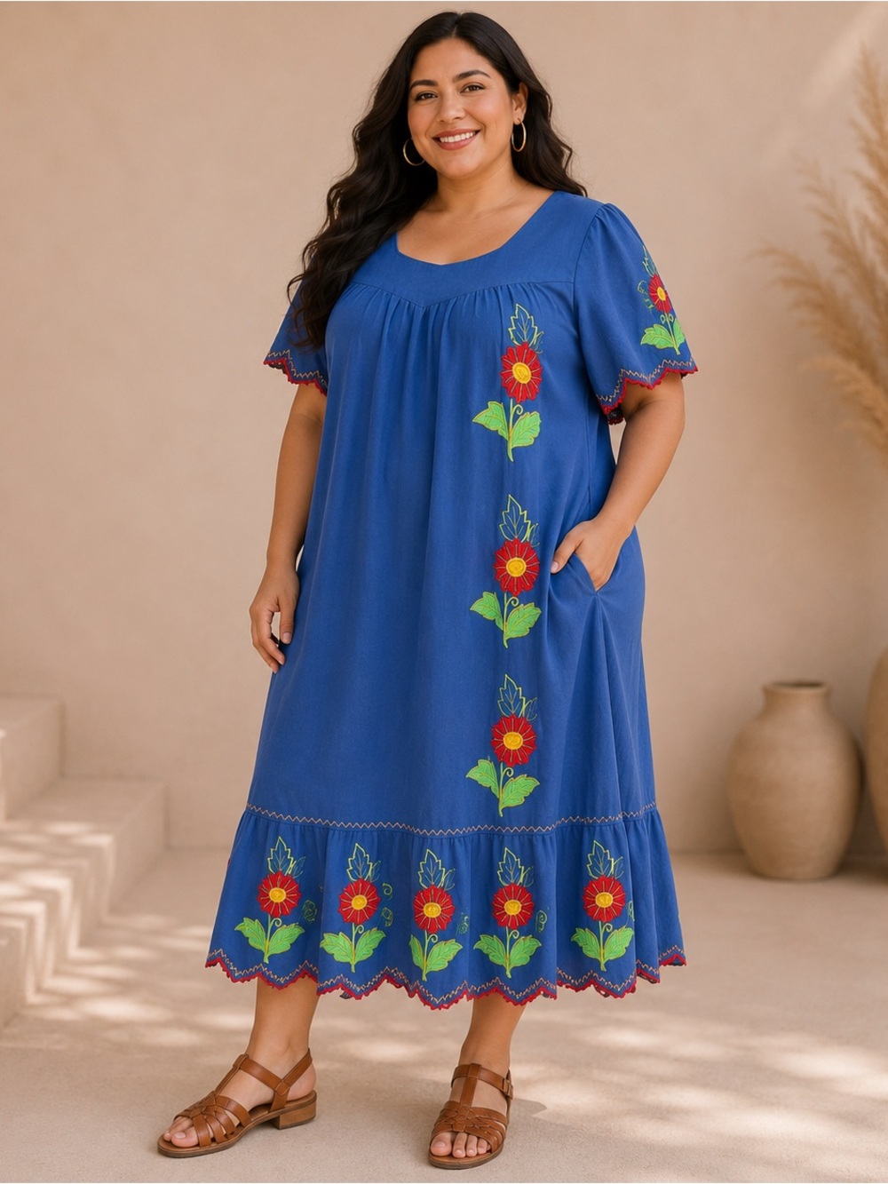 Vintage Handmade Embroidered Floral Ethnic Boho House Kaftan Dress Sz. XL